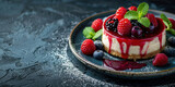 Delicious cheesecake dessert topped with fresh berries and mint leaves on a dark background with copy space