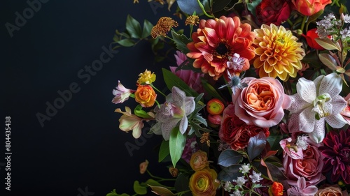 Colorful bouquet of various flowers against dark background © Artyom