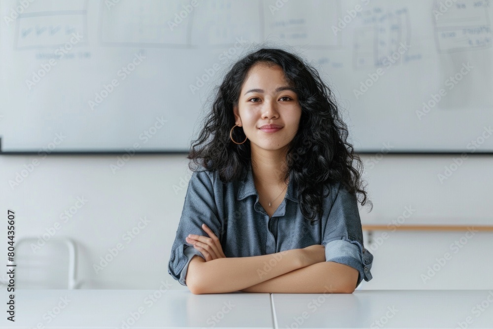 Young Asian female teacher sitting at a white desk in a classroom. Young Asian female teacher sitting at a white desk in a classroom.