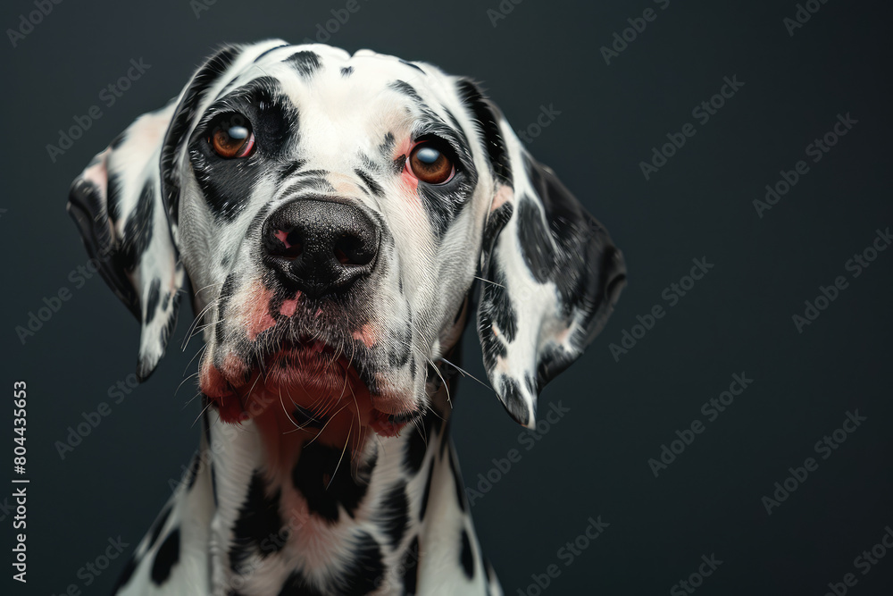 Studio portrait of dalmatian dog, solid grey background. Created with Ai