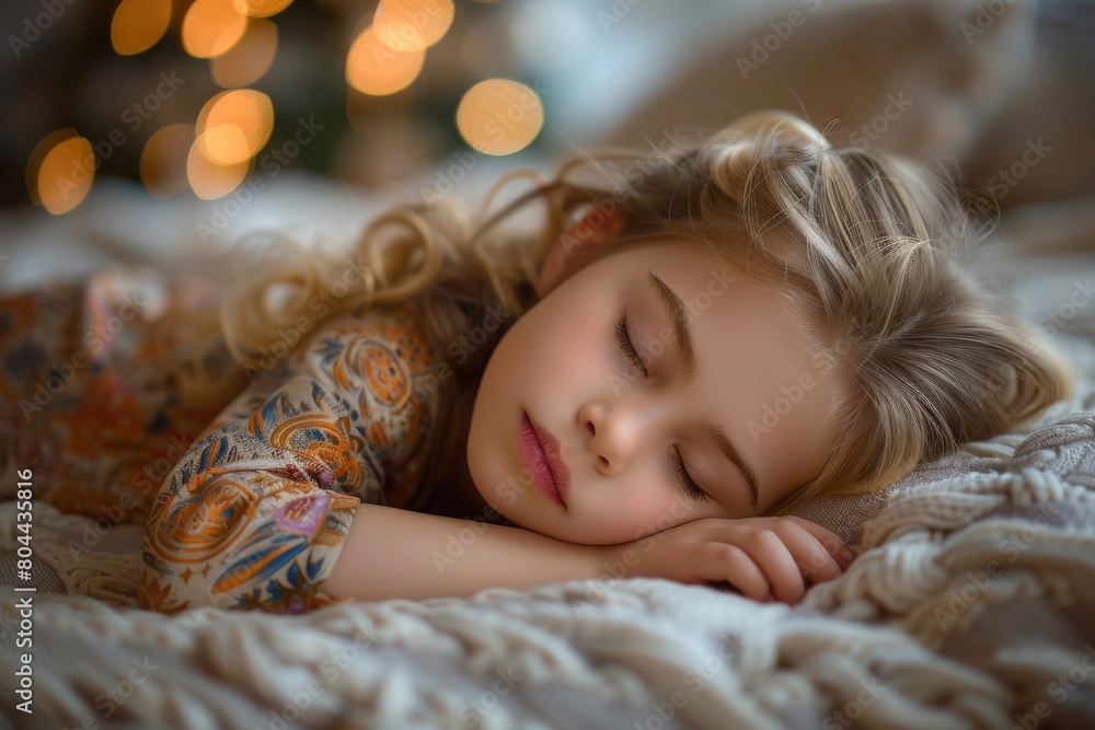 The serene image displays a young kid asleep with soft festive lights glowing in the background The serene image displays a young kid asleep with soft festive lights glowing in the background
