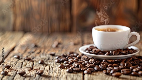 Steaming cup of coffee with beans on wooden surface photo