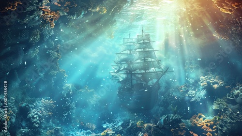 Underwater scene of sunken ship surrounded by coral reefs with beams sunlight filtering through water