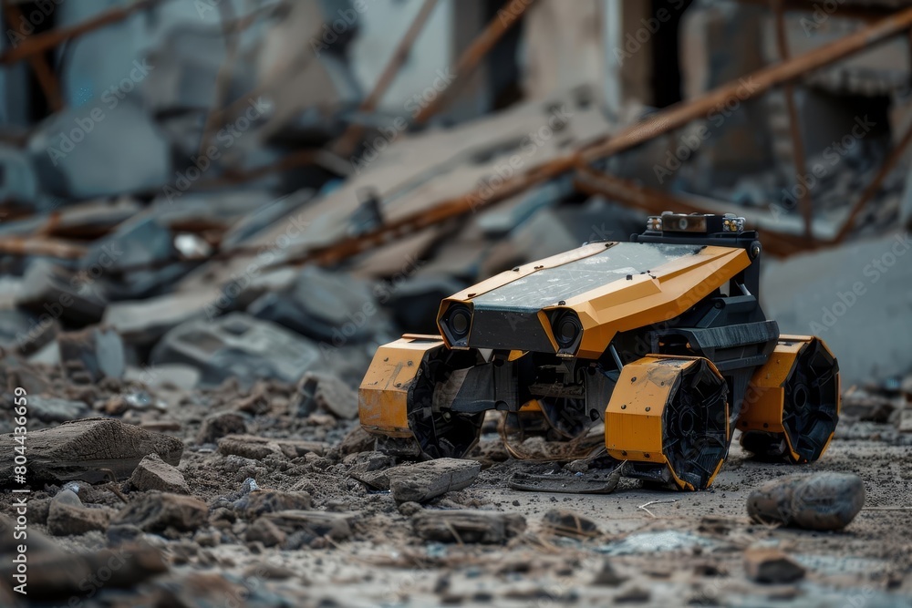 Fototapeta premium Search and rescue UGV equipped with microchip eyes, optimizing search efficiency in debris and rubble, have copy space for text