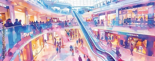 Security camera perspective of a geometrically themed shopping center during peak hours, water color illustration photo