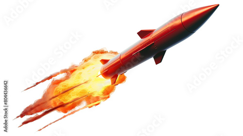 Missile rocket with fire trail isolated on white background.