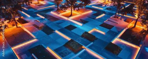 Nighttime security feed showing a park with geometrically arranged pathways and lighting  have copy space for text