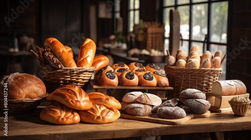 A selection of breads and pastries are displayed on a table.