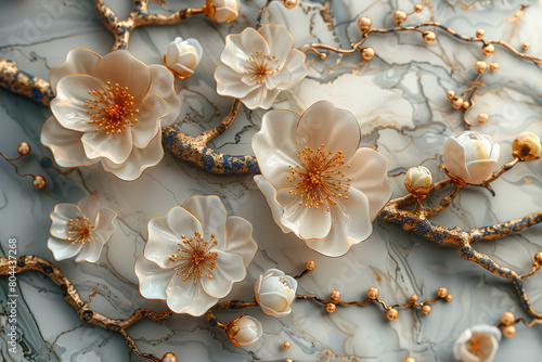 3D luxury marble mural, white flowers with golden accents, white background. Created with AI