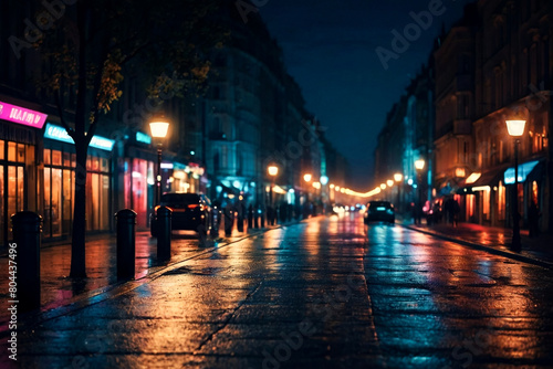 Colorful background of night street with defocused light cars and street lamps. Abstract backdrop of bokeh blurred lights at city life. Concept of cityscape backgrounds for design. Copy text space © Alex Vog