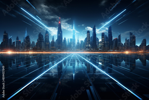 Contemporary City Panorama Wallpaper. Futuristic Superstructures Illuminated with Blue Light. photo