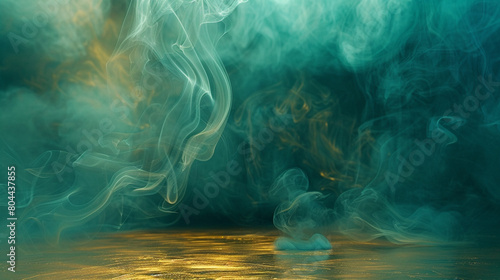 Rich teal smoke abstract background curls over a shimmering gold floor, glamorous and striking. photo