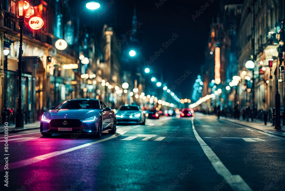 Colorful background of night street with defocused light cars and street lamps. Abstract backdrop of bokeh blurred lights at city life. Concept of cityscape backgrounds for design. Copy text space