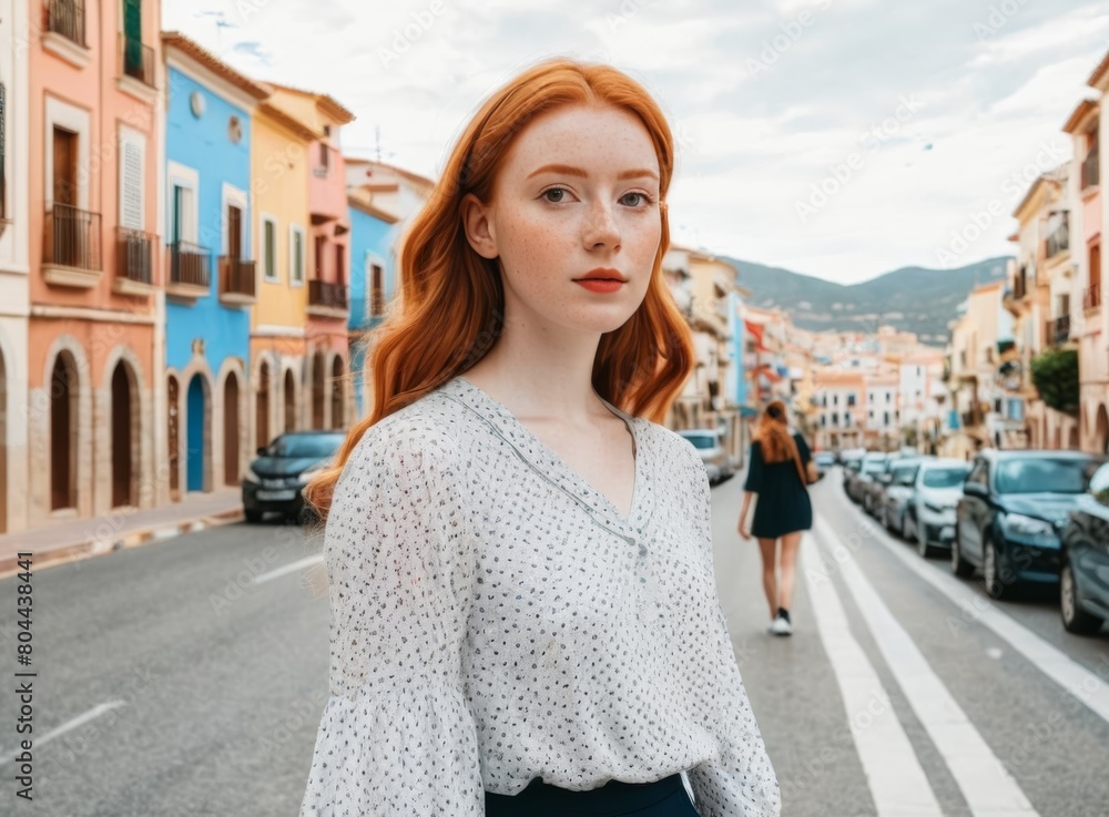 Portrait of a girl against the sea town background Portrait of a girl against the sea town background