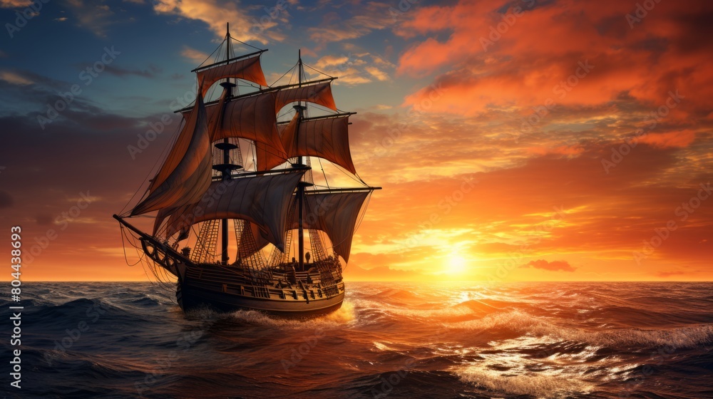 A ship in the ocean with the sun setting behind it