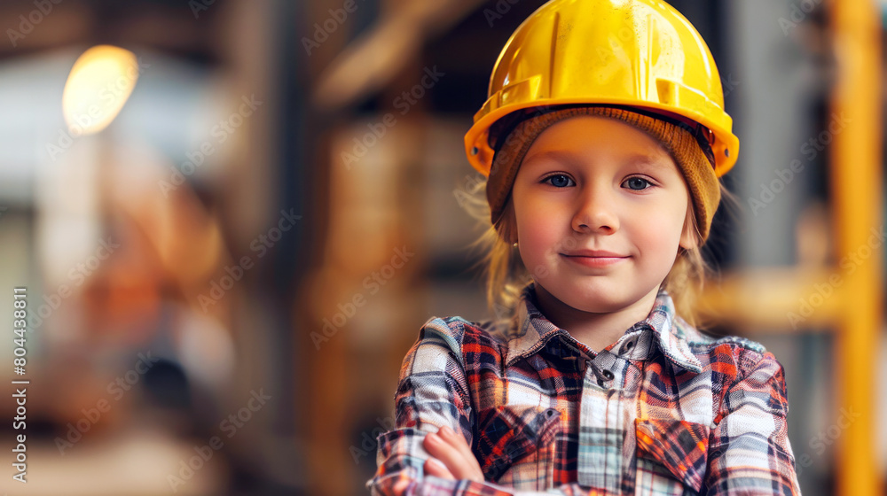 Smiling young girl in plaid shirt and yellow helmet at construction site, arms crossed Smiling young girl in plaid shirt and yellow helmet at construction site, arms crossed