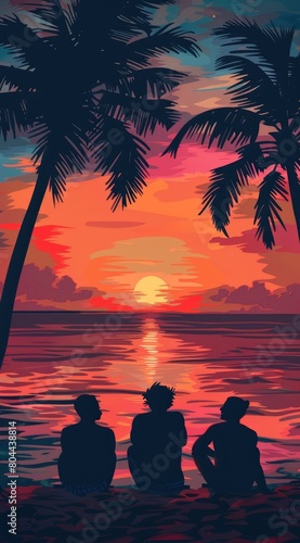 A group of friends sitting on the beach  watching the sunset with tropical plants and palm trees  warm colors