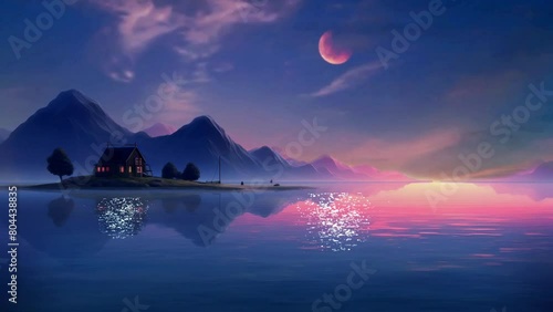 night landscape with house on lake, mountain and water reflection seamless looping footage