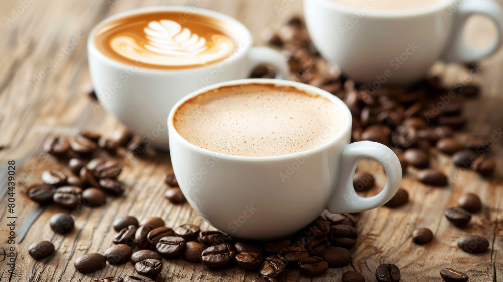 Stylish coffee cups on yellow saucers served with espresso and latte art in a cozy cafe setting Stylish coffee cups on yellow saucers served with espresso and latte art in a cozy cafe setting