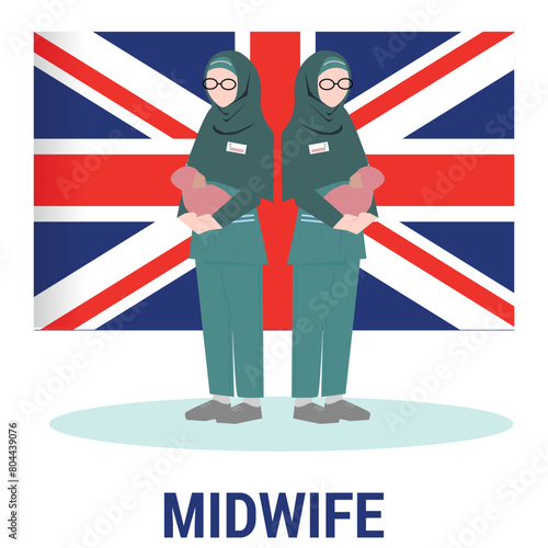 Vector of flat Illustration of a woman UK  midwife with hijab in midwife uniform