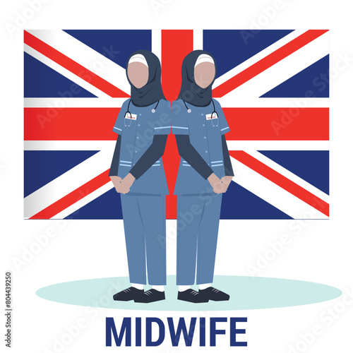 Vector of flat Illustration of UK  midwife with hijab in midwife uniform