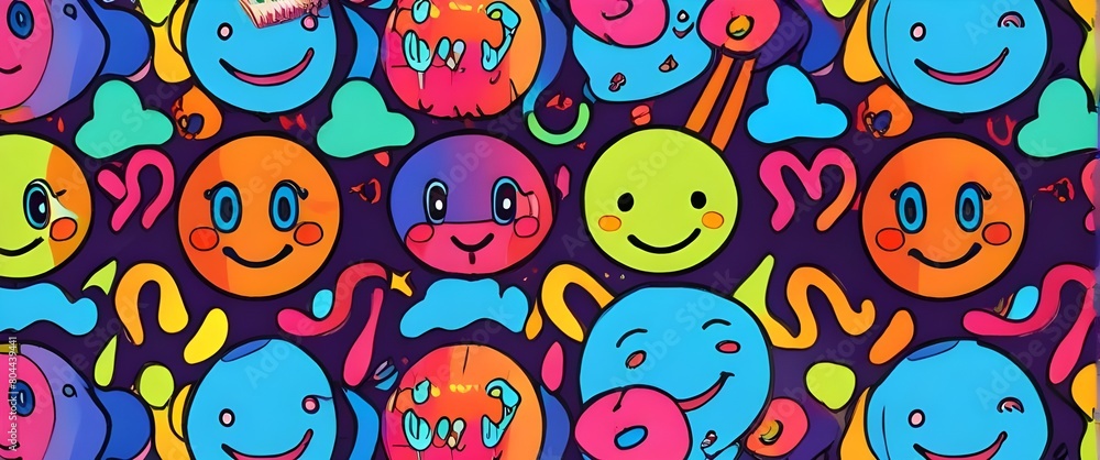 Experience the whimsical fun of vibrant psychedelic patterns with colorful cartoon faces melting with smiles. This retro style design exudes fun charm with its unique design. Generative AI Experience the whimsical fun of vibrant psychedelic patterns with colorful cartoon faces melting with smiles. This retro style design exudes fun charm with its unique design. Generative AI
