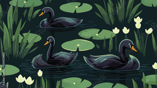 Seamless pattern with black swans floating in pond