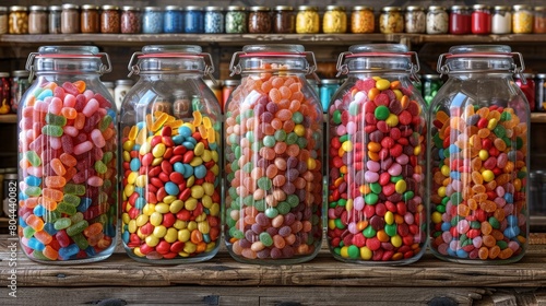 Colorful candy jars are displayed on a wooden shelf in a cozy vintage candy shop, with a blurred background of shelves filled with various sweets and treats.