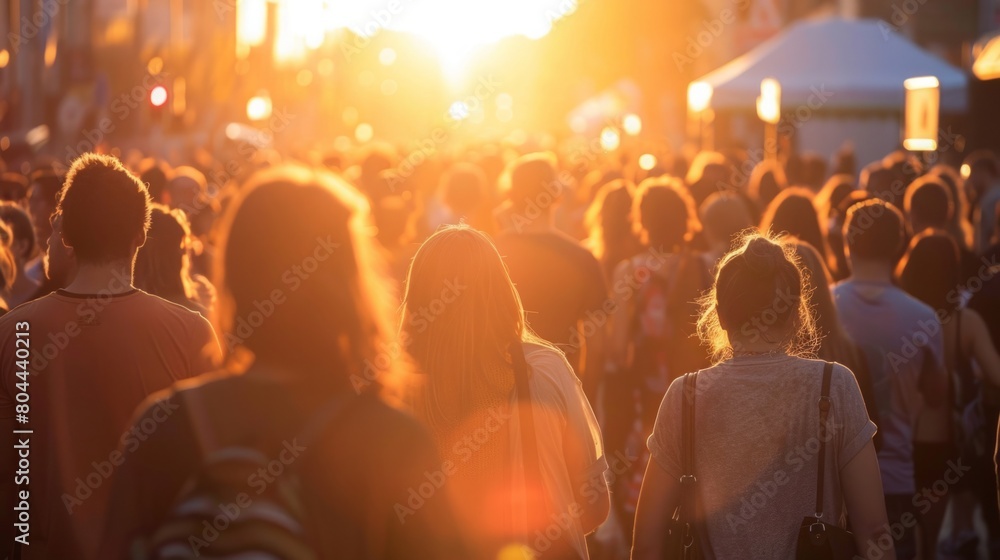 A large crowd of people moving down a street under the warm hues of a sunset, creating a bustling scene.