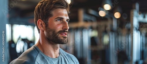 A trim friendly man in modest gym clothes, medium close up