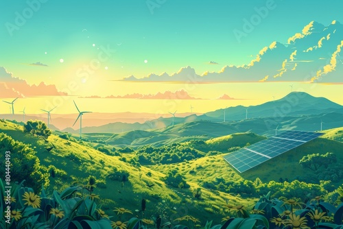 Dawn breaks over a lush landscape where wind turbines and solar panels symbolize renewable energy’s harmony with nature, hinting at reduced carbon footprints and sustainability.