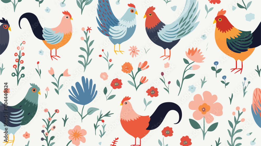 Seamless pattern with cute roosters chickens hens a