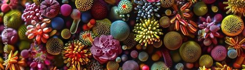 Microscopic view of pollen grains from various flowers, each randomly unique, yet collectively displaying a kaleidoscope of beauty photo