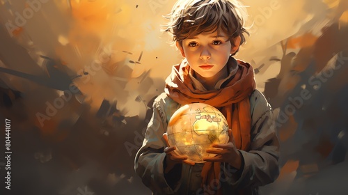 Boy in a dry, barren landscape holding earth in hands, sun glaring hotly photo