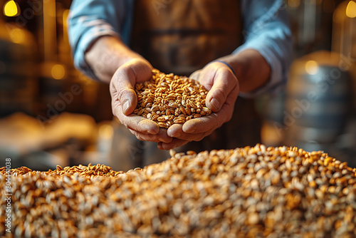 man brewer holds handful of wheat malt grain in hands at beer factory close up photo