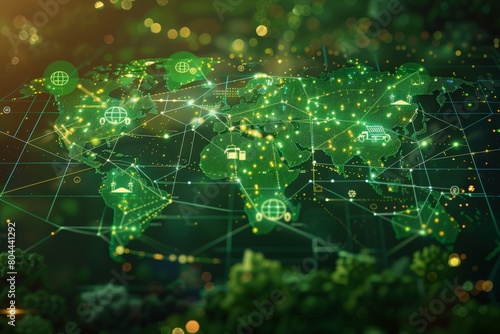 A compelling image of a global map highlighting regions most active in carbon credit generation and trading, Digital world map on green background with vibrant nodes.