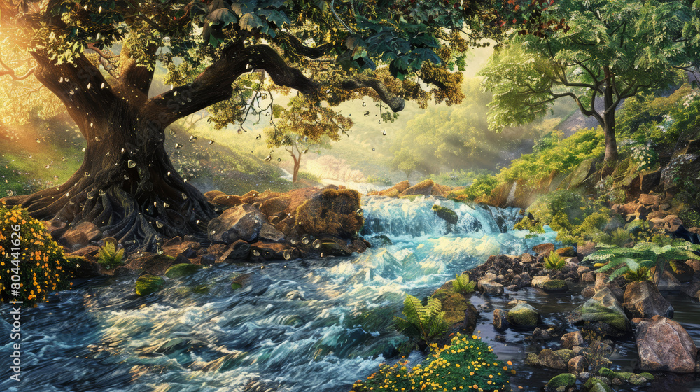 Obraz premium A panoramic digital illustration of the river of life and the tree of life as envisioned in Revelation 21-22.