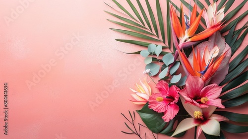fresh bird of paradise proteas hibiscus tropical flowers on solid orange background with copy space for text, backdrop mockup template design concept 