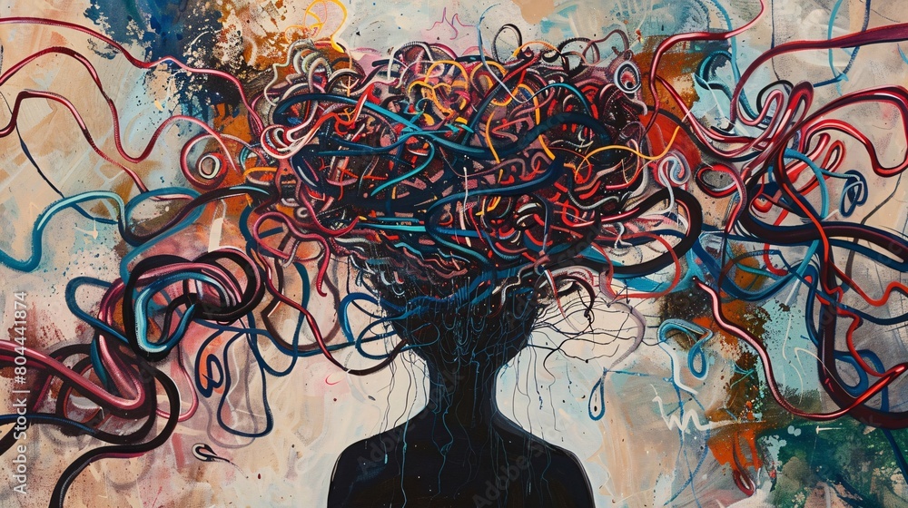 Impersonation of anxiety. Digital painting of a woman's face. Contemporary art collage. Impersonation of anxiety. Digital painting of a woman's face. Contemporary art collage.