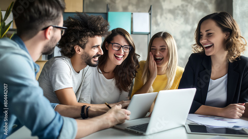 Group of happy colleagues together in the office, happy cooperation with clients, business cooperation, work meeting, brainstorming