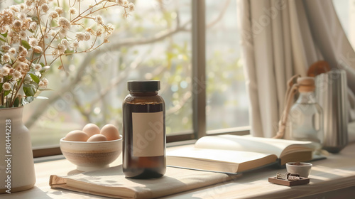 Generate a photo of a brown bottle with a blank label sitting on a table next to a bowl of eggs and an open book. There is a vase of baby's breath flowers and a sheer curtain in the background