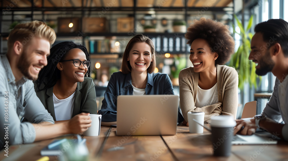 Group of happy colleagues together in the office, happy cooperation with clients, business cooperation, work meeting, brainstorming Group of happy colleagues together in the office, happy cooperation with clients, business cooperation, work meeting, brainstorming