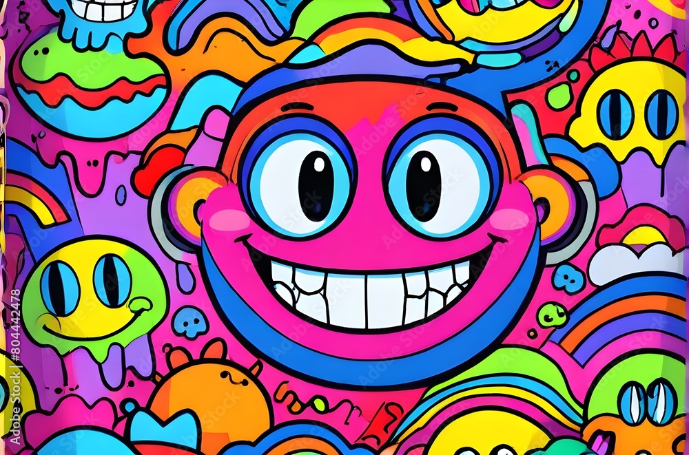 Experience the whimsical fun of vibrant psychedelic patterns with colorful cartoon faces melting with smiles. This retro style design exudes fun charm with its unique design. Generative AI Experience the whimsical fun of vibrant psychedelic patterns with colorful cartoon faces melting with smiles. This retro style design exudes fun charm with its unique design. Generative AI