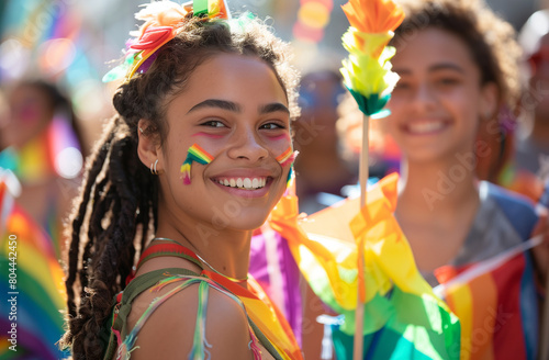 At a vibrant Pride parade, a young girl smiles joyfully, her face painted with rainbow stripes, surrounded by colorful flags and the bustling energy of the celebration.