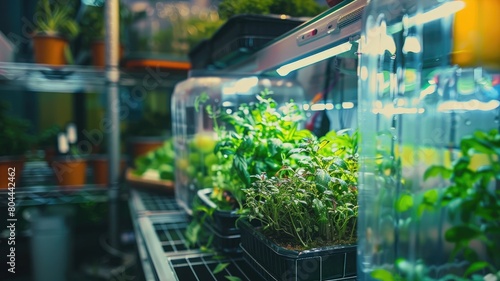 Indoor plants growing under artificial lighting in controlled environment