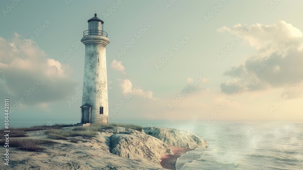Old white lighthouse on coastal rocks under serene sky at dusk