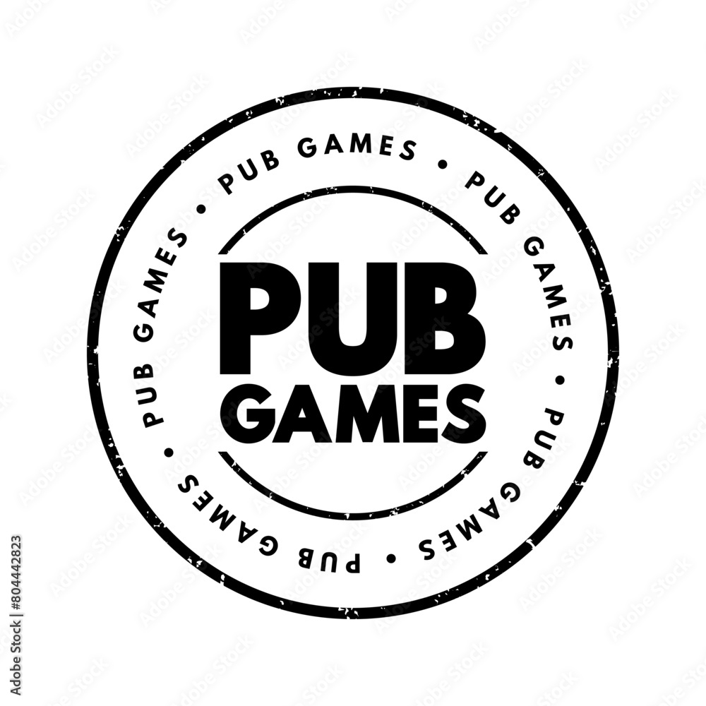 Pub Games refer to a variety of traditional games and pastimes that are commonly played in pubs and bars, text concept stamp