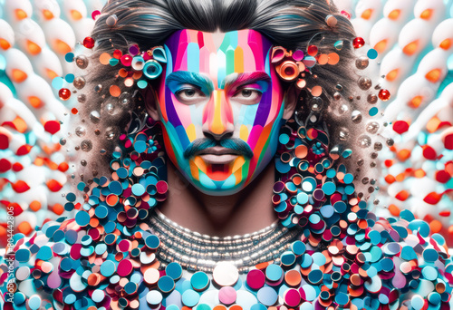 A vibrant and surreal portrait of a man with a colourfully striped face, surrounded by an elaborate array of multi-coloured circles and geometric patterns, creating a visually striking and imaginative photo