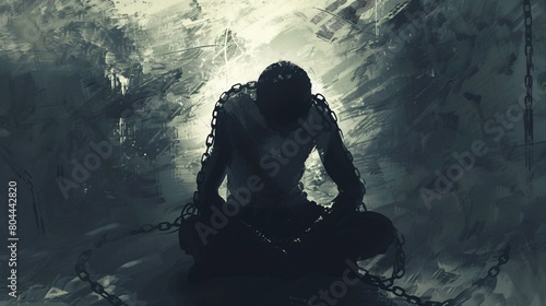 A man in chains on a dark background. The concept of crime, robbery, theft.