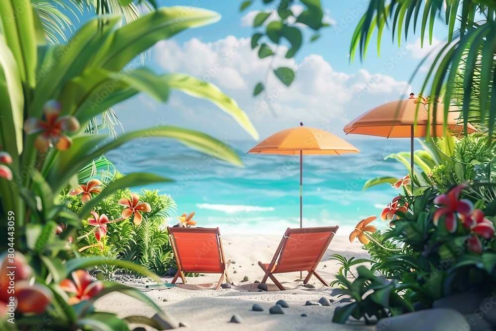 Naklejka premium 3D animation of Tropical beach with accessories, summer holiday background.